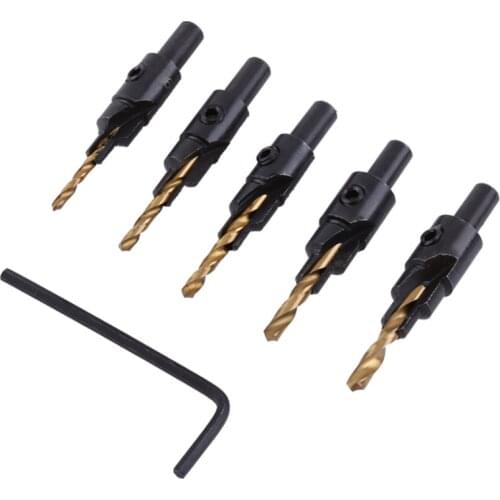 5Pcs HSS Countersink Guide Drill Bit Set 1/4" Round Shank Hole Opener Chamfering Cutter Woodworking Chamfer Reamer With L Wrench