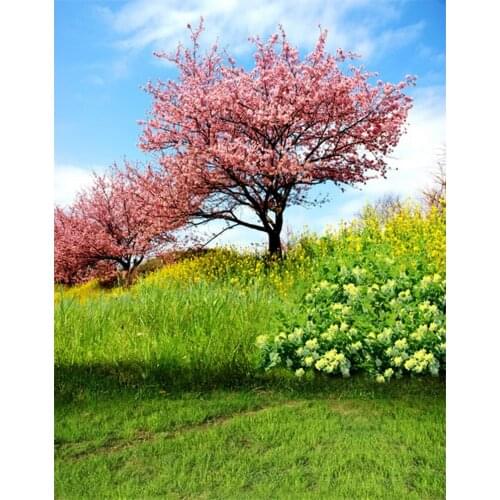 5x7ft Pink Flowers Tree Green Grass Photography Backdrops Photo Props Studio Background