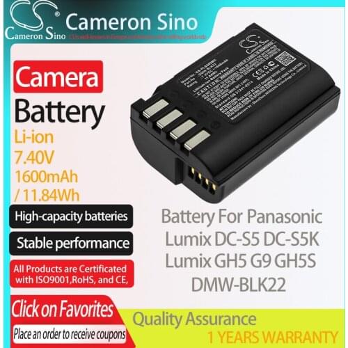 CameronSino Battery for Panasonic Lumix DC-S5 DC-S5K GH5 G9 GH5S fits Panasonic DMW-BLK22 Digital camera Batteries 1600mAh 7.40V