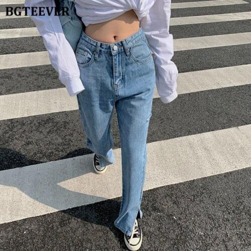 BGTEEVER Fashion High Waist Loose Women Straight Jeans Pants Female Ripped Holes Split Denim Jeans 2021 Spring Pantalon Femme