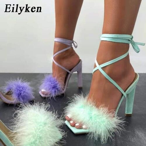 Eilyken 2021 New Women Sandals Sexy Square Toe Furry Feather Summer Fashion Ankle Cross Lace-up Ladies Party Dress Shoes Pumps