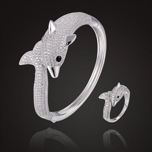 Fateama luxury animal bangle with ring jewelry set full zircon micro pave setting dolphin bracelet fashion jewelry best gift