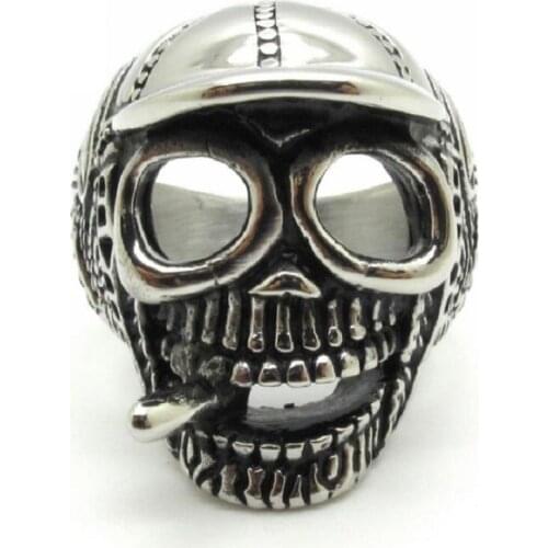 Hot sale !! New Fashion Mens Hat Smoker Cool Skull Silver color Ring 316L Stainless Steel Jewelry