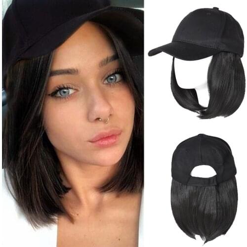 SNOILITE 6“ baseball cap with bob hair Synthetic short straight hair extension Detachable hairpiece with adjustable black cap