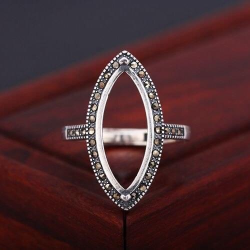 Retro Art Deco 925 Sterling Silver Semi Mount Vintage Ring Fine Jewelry Setting for 9x20mm Marquise Cabochon
