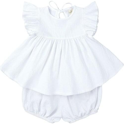 Kids Tales 2020 New Summer Baby Clothes Set 2pcs Baby Girls Solid Top Blouse+Shorts Bloomers Infant Baby Linen Outfit Girls Set