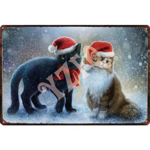 Cat Christmas Vintage Tin Sign Metal Plate Decorations For Home Wall Bar Art Party Decor 30X20CM DU-2092