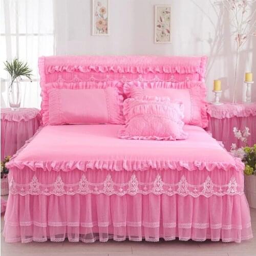 Korea Style Pink Lace Bed skirt Pillowcases 1/3pcs Bedding Romantic Princess Bedspread Bed sheet Girls Solid Color Bed Cover