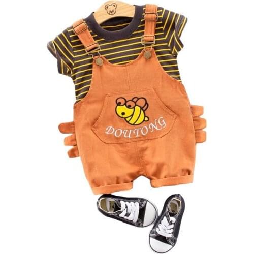 Summer Baby Girls Boys Clothing Sets Infant Clothes Suits Stripe T Shirt Strap Cartoon embroidery Shorts Kids Children Costume