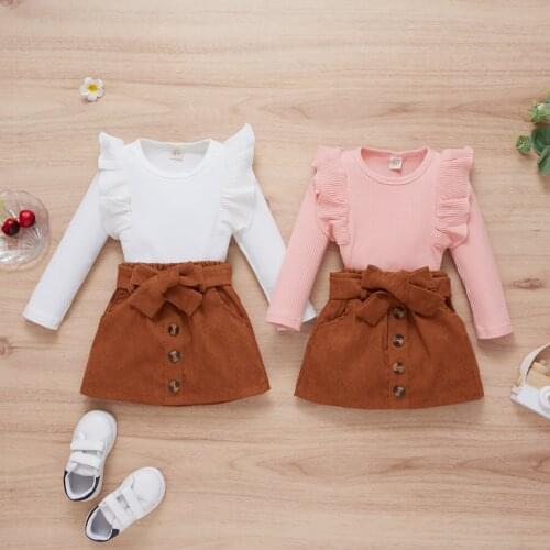 Fashion Girls Autumn Clothes Sets 2pcs Solid Ribbed Long Sleeve Pullover T Shirts Tops Button Skirt Kid Clothing Outfit