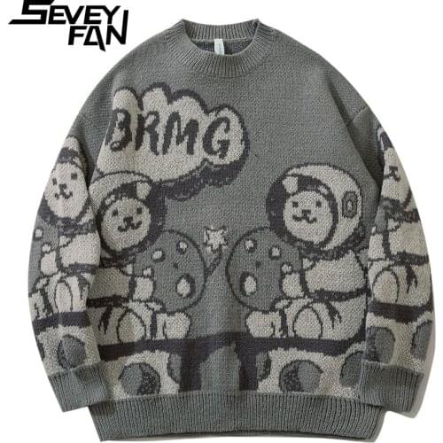 SEVEYFAN Mens Cartoon Anstronaut Printed Sweater Fashion Loose O Neck Knitwear Autumn Pullover Sweaters for Couples