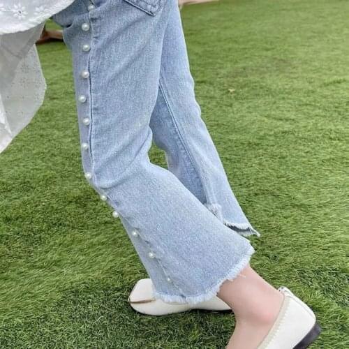 New girl pants childrens jeans flared pants spring clothes girls casual trousers kids baby pearl long pants 3-12years