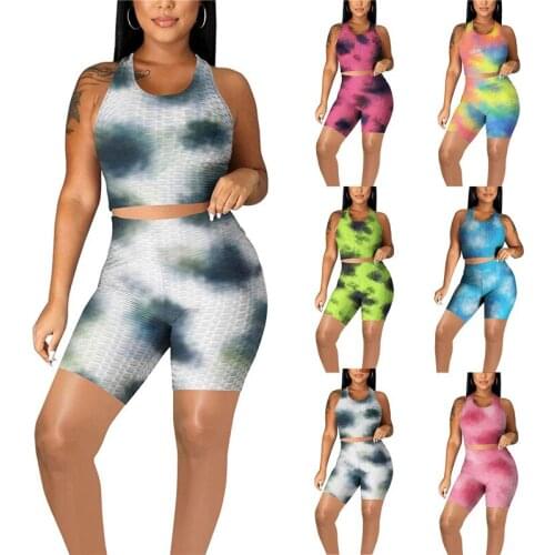 Skinny Casual Sports Summer Woman 2 Piece Set O Neck Tie Dye Print Cropped Tank Top Elastic High Waist Shorts Streetwear