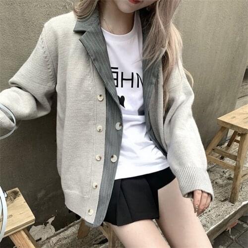 Autumn Sweater Jacket Women Fake Two Patchwork Suit Coat Loose Knitwear Casual Knitted Outerwear Office Lady Cardigan