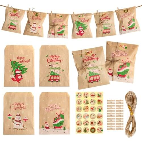 24Sets Merry Christmas Gift Bags Santa Claus Fox Xmas Tree Kraft Paper Treat Bags New Yeart Party Favor Bags with Number Sticker