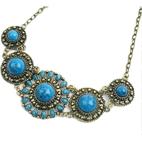 Popular Womens Vintage Bohemian Round Blue Stone Inlaid Pendant Necklace