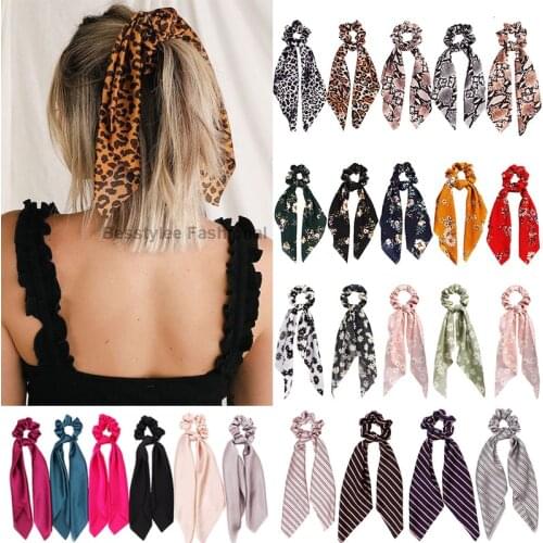 Fashion Leopard Print Scrunchies Bow Chiffon Elastic Hair Bands Long Ribbon Ponytail Scarf Hair Tie Women Girls Hair Accessories