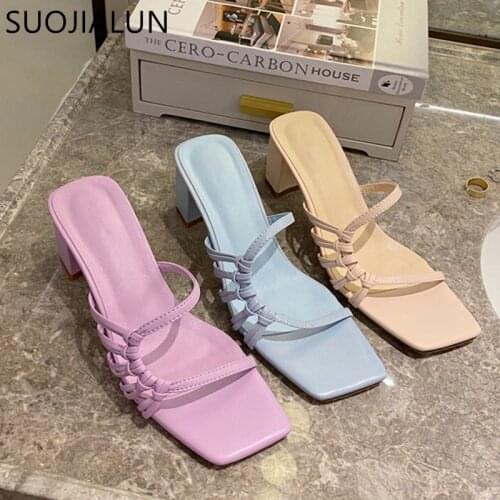 SUOJIALUN 2020 Fashion Narrow Band Women Slipper Square High Heels Sandal Ladies Elegant Summer Outdoor Slides Pumps