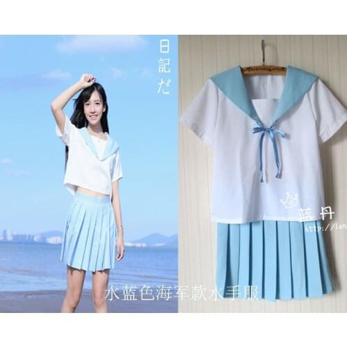 School uniform JK short-sleeve HARAJUKU water blue sailor suit navy uniforms set class service