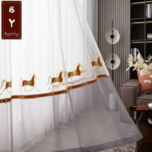New Chinese Style Horse Galloping Embroidery Flower Gauze Curtains for Living Room Bedroom Bay Window with Gauze Customization