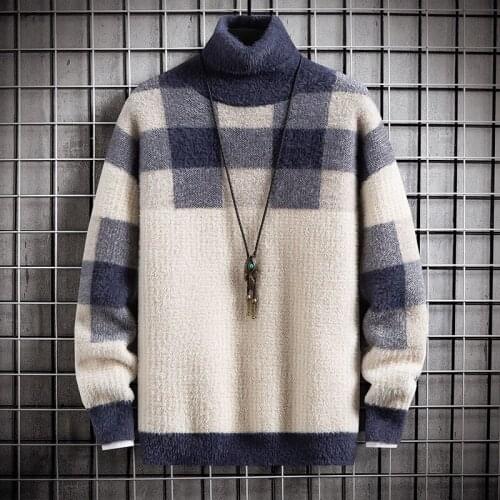 BALDAUEN Autumn And Winter Youth Mens Harajuku Sweater Pullover Color Matching Wild Loose Turtleneck Sweater Mens Sweater