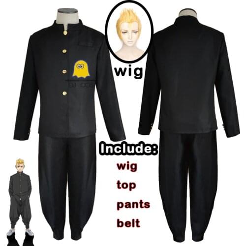 Tokyo Revengers Anime Cosplay Costume Takemichi Hanagaki Black Top+Pants Wig Halloween Party Role Play Uniform Outfits Men
