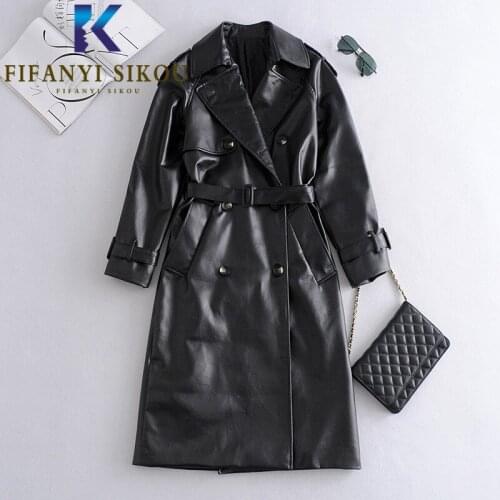 Black PU Leather Trench Coat Women Double Breasted Lapel Fashion Long Coats Autumn Winter Ladies Loose Faux Leather Trench Coat