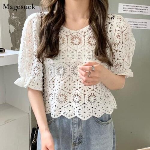 Vintage Hollow Out Lace Blouse Women New Perspective Summer Tops Blusas Mujer De Moda 2021 Retro Puff Sleeve Shirt Female 14346