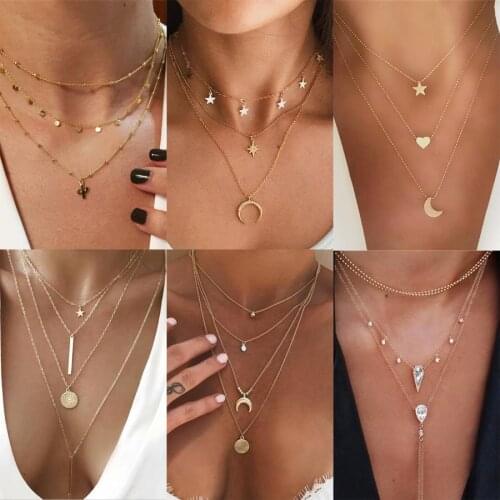 Vintage Bohemian Layered Necklace 2020 New Arrivals Jewelry Gold Cactus Star Moon Pendant Necklace Fashion Statement