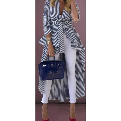 Women Stripe Shirt High Low Blouse Casual Deep V-Neck Long Sleeve Irregular Tied Front Dip Hem Tunic Top with Belt AM2222