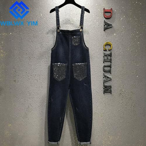 High waist Denim Jumpsuits Women Loose Plus size Sleeveless Rompers Fashion Diamonds Suspenders Jeans Female Denim Overalls