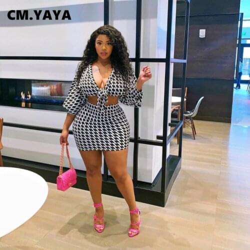 CM.YAYA Women Plus Size Set Print Full Sleeve V-neck Bandage Crop Tops Mini Skirts Two 2 Piece Sets Fashion Outfit Autumn 2021