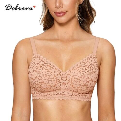 DOBREVA Womens Wireless Minimizer Lace Bra Full Coverage Plus Size Unlined Bralette A-E Cup