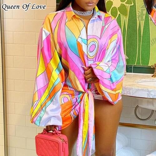 2021 New Fashion Elegant Streetwear Colorful Multi Shirt Dress Women Long Lantern Sleeve Loose Beach Irregular Blouse Y2K