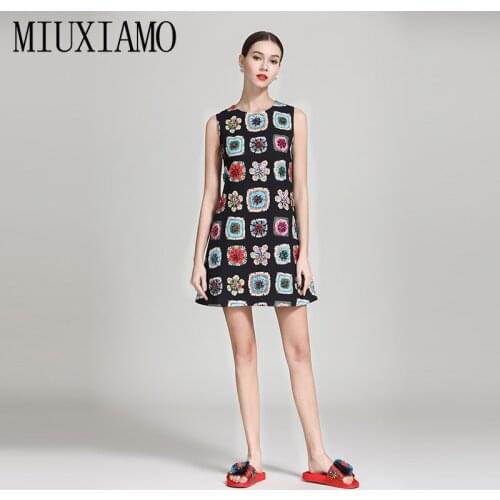 MIUXIMAO High Quality 2019 Spring&Summer Luxurious Dress Newest Diamonds Flower Print Casual Eleghant Casual Dress Women Vestido