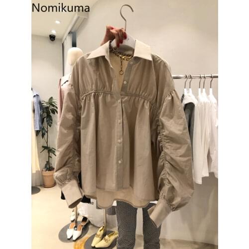 Nomikuma Korean Pleated Lantern Sleeve Women Blouse Shirt Causal Turn-down Collar Top 2021 Spring New Blusas Mujer De Moda 6E934