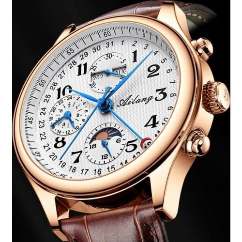 AILANG Top Luxury Brand Mens Mechanical Watch Multifunctional Moon Phase 24 Hours Stainless Steel Business Automatic Watches