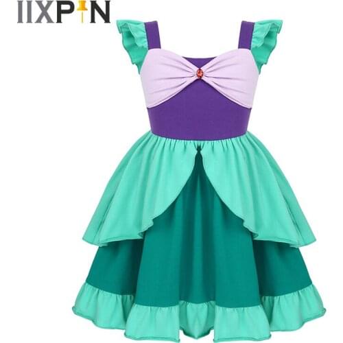 Kids Girls Mermaid Costume Twirl Princess Dress Halloween Carnival Fancy Dresses Up Sleeveless Rhinestone Bowknot Cotton Dress