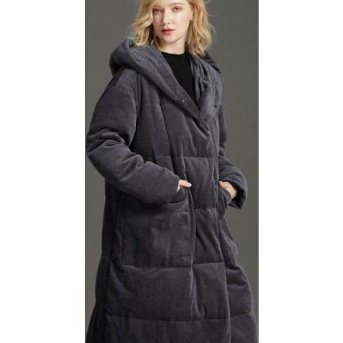 Long Corduroy Women Down Coat Thick Warm Winter 90% Duck Down Coat Hooded Jacket Large Pockets Women Coat