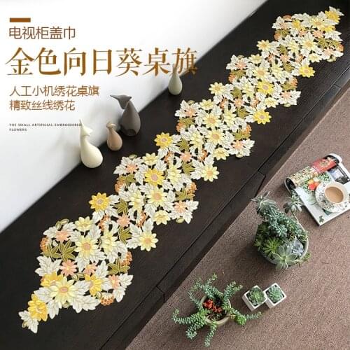 Golden Sunflower Elegant Embroidery Table Runner Pastoral Fabric Tea tablecloth, Luxury Table mat table Cover for decoration