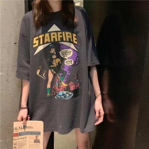 Large size 5XL Simple Cartoon Character Printed Casual Vintage Basic All Match Cotton Summer Short Sleeve O-neck T-shirts