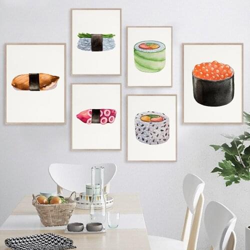Nordic Kitchen Prints Watercolor Sushi Rice Food Art Canvas Painting Japanese Style Wall Picture Modern Restaurant Decorative