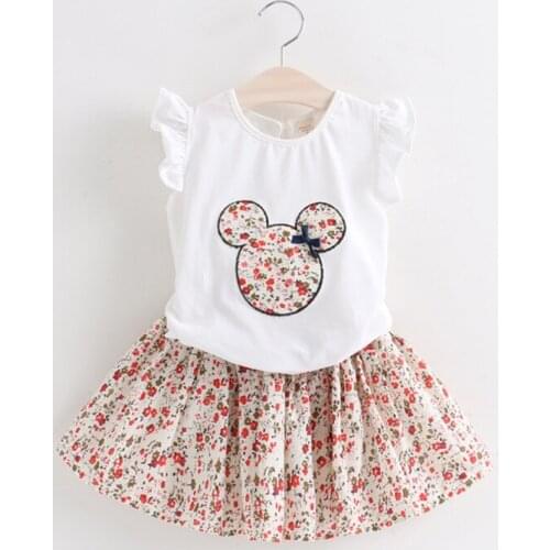 Girls suit summer 2019 new medium and small children cartoon floral flying sleeves shirt plus skirt two-piece