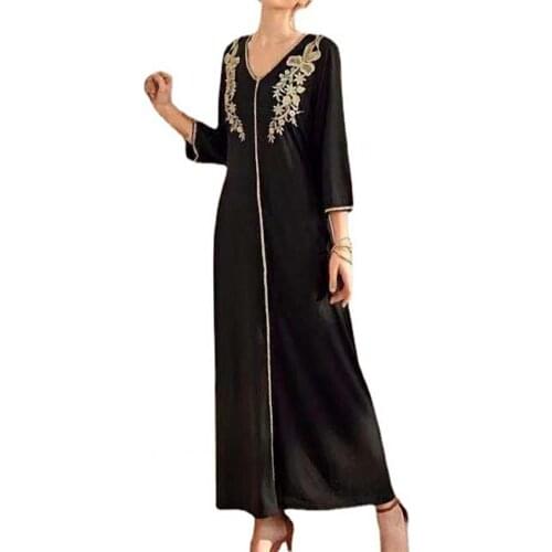 Summer Woman Dress 2021 Midi Dress Women V-neck Long Sleeve Black Golden Embroidery Pair Flower Maxi Dress for Daily Life