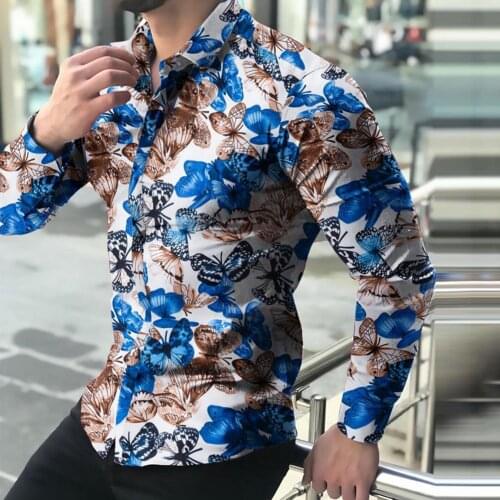 Summer Men Shirt Butterflies Print Buttons Elegant Men Long Sleeve Lapel Top Business Summer Beach Party