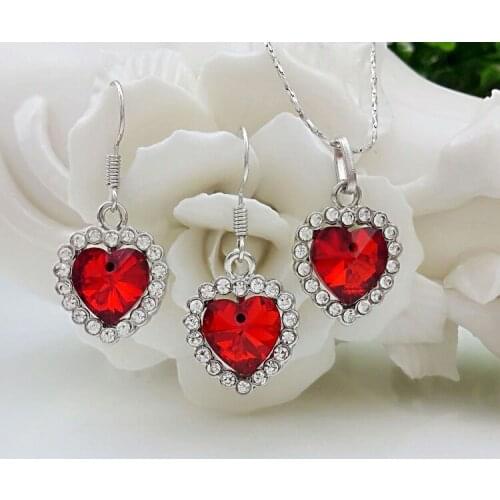 Exquisite water drops Austrian crystal bride wedding jewelry set womens 925 sterling silver necklace earrings big red gift s098