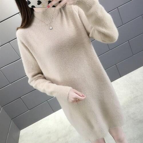 Autumn Winter Mink Fleece Half High Collar Long Sweater Women Loose Female Korean 5 Color Long Sleeve Pullovers Jumper Ladies