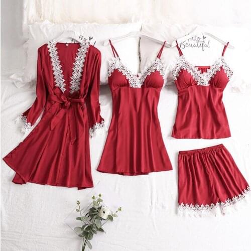 4Pcs Sexy Women Silk Pajamas For Women Satin Sexy Sleepwear Set Womens Pajamas Pyjamas Homewear Pijama Women Pajama Sets