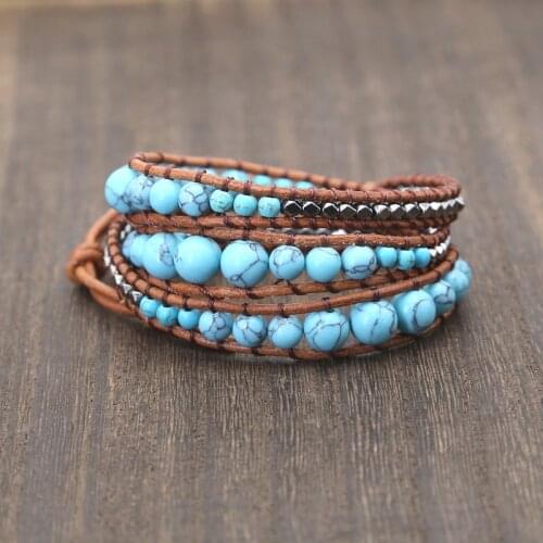 Drop shipping Natural Stones Charm 3 Strands Wrap Bracelets Handmade Boho Bracelet Women Leather Bracelet
