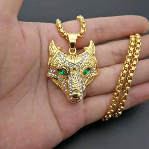 Drop shipping Gold color Norse Vikings 316L Stainless steel Pendant Necklace with zircon Wolf Head Original Animal Jewelry